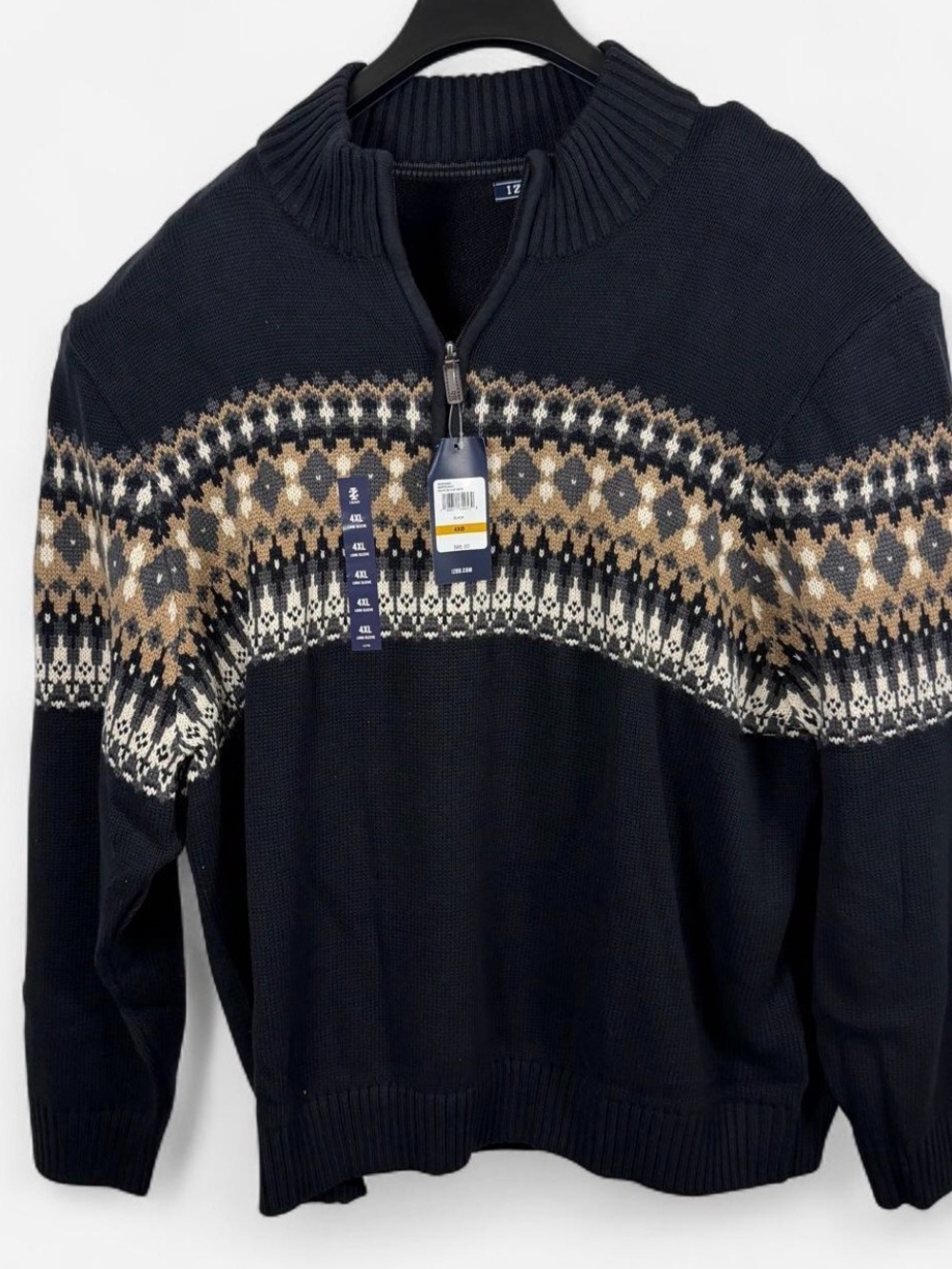 NWT- Izod  Black Zip-Up Sweater with Fair Isle Chest Pattern 4XB